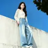 Jeans de pierna ancha bordados florales azules para mujer, estilo verano 2026, talla grande, cintura alta, holgados, adelgazantes, pantalones de pierna recta