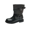 Botas de media pantorrilla, estilo retro, versión coreana, punta redonda, diseño de nicho, colección 2026, botas versátiles para mujer, invierno, con detalles de hebilla