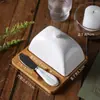 Caja de Mantequilla Juego de Platos para Mantequilla de Cerámica Plato de Bambú con Tapa de Cerámica Cuchillo para Mantequilla Plato para Mantequilla Set de Caja de Queso para Comida Occidental