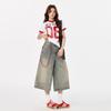 Young Orange# Jeans Retrô Lavados Velhos de Perna Larga Estilo Hong Kong Feminino Solto Emagrecedor Cobrindo o Quadril Moda Versátil Calças Cropped