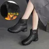 Jiezu 2025 Inverno Novo Retrô Versátil Tecido Forrado com Lã Quente Cano Alto Botas de Algodão Couro Bovino de Primeira Camada Sapatos Femininos para o Trabalho