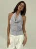 Camiseta Sexy de Cor Sólida com Gola Halter, Manga Curta Emagrecedora, Design Elegante sem Costas e Top sem Mangas Acinturado, Novo Estilo