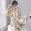 Conjunto de Dos Piezas de Algodón Nube de Manga Larga para Mujer, Moda Simple, Ropa de Casa Casual Linda, Pijama de Verano para Habitación con Aire Acondicionado