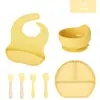 Baberos, Platos, Cubiertos, Cucharas y Tenedores de Silicona para Bebés Transfronterizos, Impermeables y Suaves, Adecuados para Bebés de 10 a 72 Meses, Juego