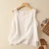 274 # Top sin mangas casual artístico holgado para talla grande con un diseño minimalista vintage, con corte corto al frente y largo atrás, hecho de algodón y lino con tirantes finos