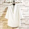 Top estilo Hanfu para hombre para verano, camiseta ligera de seda helada con cuello en V y manga de tres cuartos, ropa Zen holgada de estilo chino, camiseta tipo traje Tang