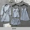 Pijama de Seda de Hielo para Mujer, Sexy de Verano con Manga Larga, Camisola de Encaje, Bata, Conjunto de Cinco Piezas, Transmisión en Vivo de Douyin con Almohadillas en el Pecho, Ropa de Casa
