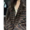 Cardigan Listrado Color Block Retrô Estilo Coreano Jaqueta de Manga Longa Feminina Outono 2026 Novo Top Soltinho com Botões Estilo Preguiçoso