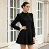 Vestido de Encaje Negro Elegante con Cuello Alto FCB Transfronterizo para Mujer Estilo Otoño 2026 Vestido Corto de Cintura Entallada Línea A para Mujer