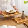 Bandeja rectangular de madera de bambú para servir comida, salsas para mojar, pepinillos, pepinillos ahumados, alimentos estofados, aperitivos, posavasos de papel, bandeja de té, bandeja con dos asas