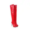 Botas de cano alto com zíper lateral para outono e inverno, botas longas de couro patente para comércio exterior, bico redondo, plataforma impermeável, salto ultralongo, botas femininas plus size com salto agulha