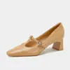 Salto Alto de Couro Macio Estilo Coreano Feminino 2026 Novo Confortável Com Saia Mary Jane Sapatos Femininos Boca Rasa Trabalho Salto Bloco Sapatos Individuais Femininos