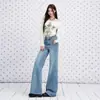 Jeans acampanados elásticos de tiro alto color azul claro transfronterizos para mujer, nuevo modelo de principios de otoño 2026, corte holgado, adelgazantes, no ajustados en las piernas