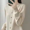 Cardigan de malha novo estilo de primavera 100% lã, gola redonda, comprimento curto, modelagem solta, suéter elegante, jaqueta de cor sólida para mulheres