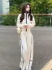 Conjunto Estilo Coreano Feminino Outono Inverno Novo High-End Fashionável Color Block Gola Alta Zíper Moletom Calça Wide Leg Conjunto de Duas Peças