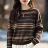 Suéter de punto de cuello redondo de lana peinada fina al por mayor transfronterizo con jacquard de color contrastante, suéter de punto holgado vintage estilo europeo y americano