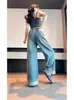 Jeans Reto Slimming com Cintura Elástica para Mulheres Outono 2025, Calça Larga com Caimento Fino Elástico Wide-Leg Comprimento Total