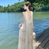 Vestido Blanco de Chifón Floral con Tirantes Estilo Vacacional Romántico Francés para Mujer Verano Cintura Adelgazante Súper Hada Elegante Falda Larga