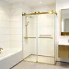 Cabina de Ducha con Puerta Doble Corredera Sin Marco Dorada, Diseño Minimalista de Línea Recta, Mampara de Cristal para Separación de Zona Seca y Húmeda, Hecho a Medida de Fábrica