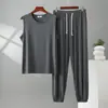 Pijama y Pantalón de Dormir de Modal Delgado de Talla Grande para Hombre, Chaleco Exterior y Pantalón Largo, Conjunto Holgado Casual para Estar en Casa