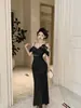Vestido Sexy de Malla con Hombros Descubiertos Estilo Francés, Vintage de Cintura Alta, Elegante, Ajustado, Fruncido, Adelgazante, Vestido Largo Bodycon