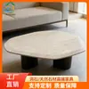Mesa de centro de bay window em travertino natural, mesa lateral redonda em travertino, mesa de chá moderna minimalista, mesa de pedra para vendas e decoração de interiores de showroom