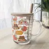 Copo de Vidro com Canudo para Leite Café da Manhã Desenho Animado Fofo Copo com Escala com Tampa Colher Presente Logotipo Impresso
