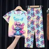 Comercio Exterior Pijamas Infantiles Primavera y Verano Manga Corta Pantalones Trajes para Niños Dibujos Animados Lindo Stitch Ropa de Casa para Niñas Ola