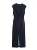 Vestido Midi de Mezclilla para Mujer Estilo Europeo y Americano Nuevo Primavera 2026 Color Sólido Sin Mangas con Abertura Decorado con Dorado