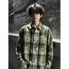 Camisa de manga larga con estampado de cuadros tie-dye morado Cleanfit para hombre, camisa de alta gama para el otoño con protección solar, chaqueta tipo cárdigan estilo americano