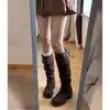 Versão em estoque~2026 Botas de cavaleiro com franjas estilo Wasteland salto grosso cano alto botas longas afinadoras botas de salto bloco meia-panturrilha femininas