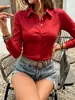 Nova camisa feminina outono europeia e americana mais vendida, cor sólida, elegante e moderna, manga longa, botões ocultos, com leve elasticidade e caimento