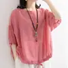 Tailândia tamanho grande solta tamanho grande casual camiseta feminina manga morcego bainha com cordão gola redonda meia manga imitação de algodão linho blusa top