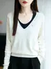 Tricô de Cor Contrastante Falso Duas Peças Manga Longa Outono Novo Solto Efeito Emagrecedor Suéter Camisa Camiseta para Camadas Internas para Mulheres