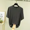 Nueva camiseta de verano de color liso, talla grande, de modal, cuello redondo, manga corta para mujer, camiseta básica fina de corte holgado