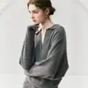 Camisa polo de cashmere estilo Old Money com gola com entalhe, gola V feminina outono/inverno francês, corte relaxado, suéter de tricô grosso, suéter base de lã