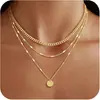 Colar Europeu e Americano Transfronteiriço Multicamadas Empilhável para Mulheres Corrente de Clavícula com Pingente Geométrico Redondo Dourado Joia com Pingente Versátil e Elegante