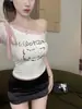 5255 # Nueva camiseta de verano estilo dulce y picante con estampado de dibujos animados, retazos, de un solo hombro, manga corta para mujer, corte ajustado con almohadilla incorporada en el pecho
