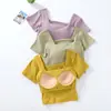 Camiseta de cintura alta para mujer, expone el ombligo, manga corta, copa, una pieza, cuello cuadrado, ropa interior, top ajustado con base y almohadilla de soporte