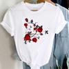 Camiseta Branca 2025 Mulheres Estampa Rosa Vermelha Nota Musical Camiseta Estampada Harajuku Mulheres Tops Casuais