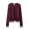 Atacado de Roupas Femininas Transfronteiriças Estilo Europeu e Americano Cor Lisa Solta Design de Botão com Franja Tricô de Nicho 6427109