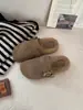Sapatos Birkenstock Slip-On de Solado Grosso Baotou Meias-Pantufas Peludas para Mulheres Roupa de Inverno 2025 Novas Pantufas de Algodão Veludo