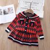 Coreano outono e inverno roupas menina grande lapela xadrez cardigan saia plissada conjunto de duas peças 90-130 tamanho conjunto de saia de malha
