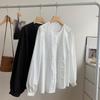 Exquisito diseño de pliegues de órgano tridimensionales, simple, manga larga, camisa fina para mujer, principios de otoño, cuello redondo, holgada, para ocultar la figura, Nueva