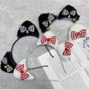 B127-3 Bonita diadema con orejas de gato a cuadros rojos, diadema de peluche para cosplay, accesorios para el cabello de gato