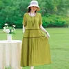 Vestido Algodão Seda 2025 Novo Verão Feminino Mãe Moda Estampado Algodão Artificial Solto Tamanho Grande Exterior Saia Longa