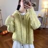 Cardigan de Tricô com Capuz e Zíper Duplo Estilo Coreano Solto Preguiçoso para Mulheres Outono e Inverno 2025 Jaqueta Suéter Torcido Top