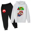 Sudadera con Estampado de Dibujos Animados Mario 2025 para Niños, Conjunto de Manga Larga, Primavera, Niños y Niñas, 2 Piezas Pantalón + Sudadera con Capucha