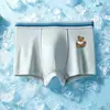 Roupa Íntima Masculina de Malha de Seda Gelada, Estilo Fino de Verão, Estampa de Urso, Boxer para Crianças Médias e Grandes, Shorts Planos para Estudantes, Exportação