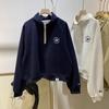 Sudadera de cuello polo de la vida real transfronteriza para mujer, delgada y holgada estilo coreano, con forro polar, media cremallera y chaqueta bordada para primavera y otoño.